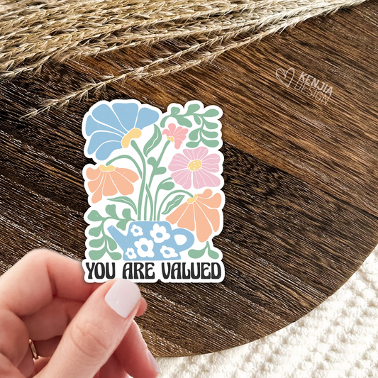 You Are Valued Stickers / Floral Self Care Stickers / Mental Health Waterproof Vinyl Sticker / Retro Aesthetic Flowers Decal