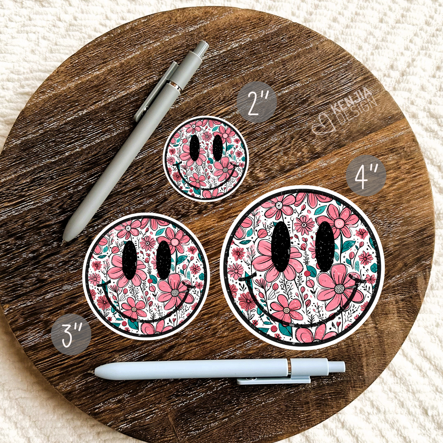 Smile Face Stickers / Vintage Retro Pink Flower Groovy