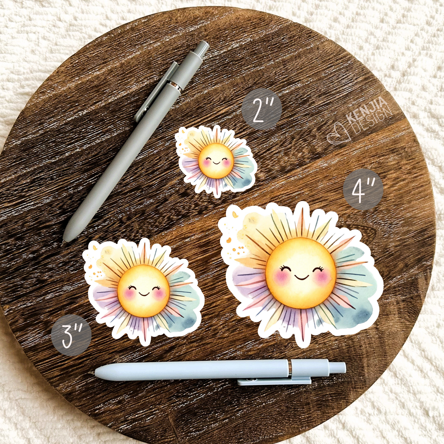 Cute Kawaii Sun Stickers / Summer Sticker / Tropical Sunshine Watercolor Sticker / Beach vacation Kindle Stickers / Celestial