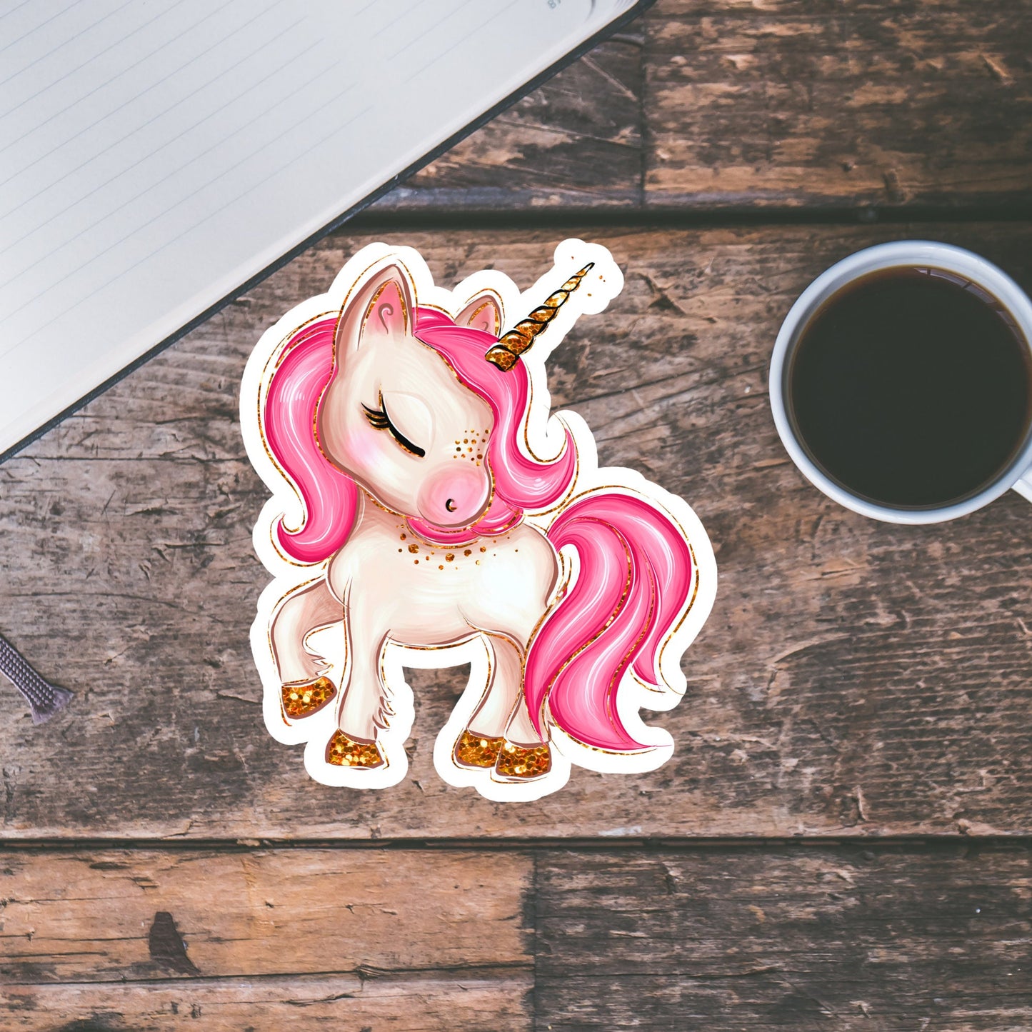 Pink Unicorn Cute Sticker with Closed Eyes, Waterproof Dishwasher Safe Handmade cute Vinyl Sticker gift, planner, book and laptop stickers