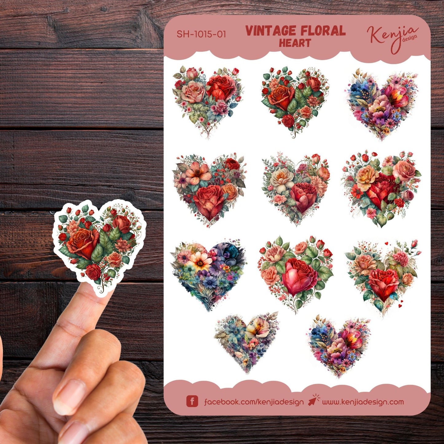 Beautiful Vintage Floral Heart Sticker Sheet, Handmade cute Vinyl Sticker for gift, planner, book and laptop stickers