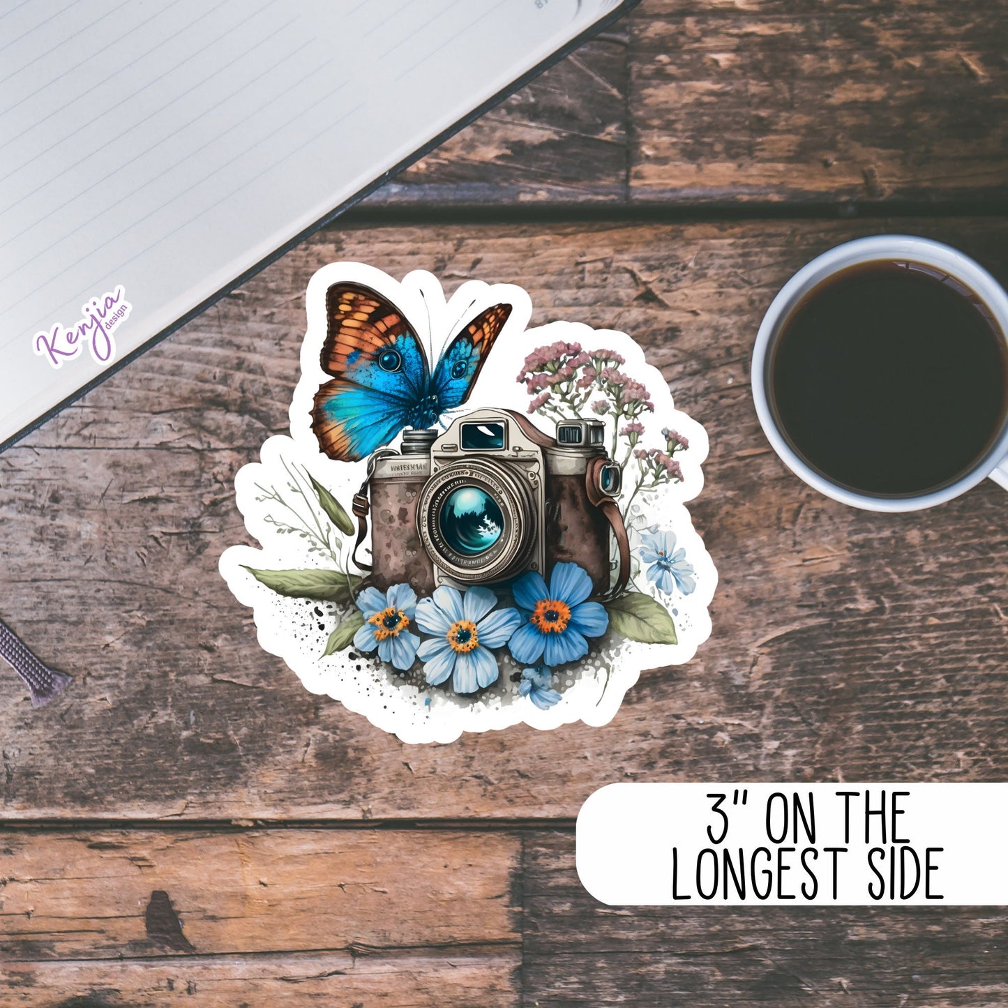Floral Camera with Butterfly Watercolor Sticker and Magnet, Waterproof Handmade cute Vinyl Stickers for gift, planner, book, laptop