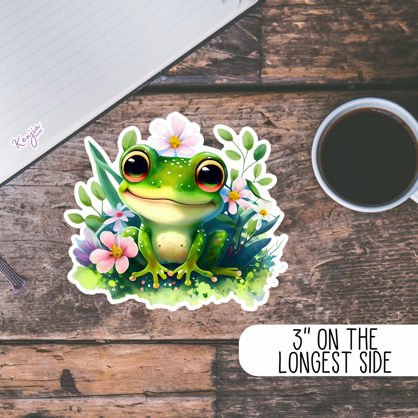 Cute handmade Happy Frog Sticker in Vinyl, watercolor effect, for gift, Waterproof and Dishwasher Safe for planner, book, laptop stickers
