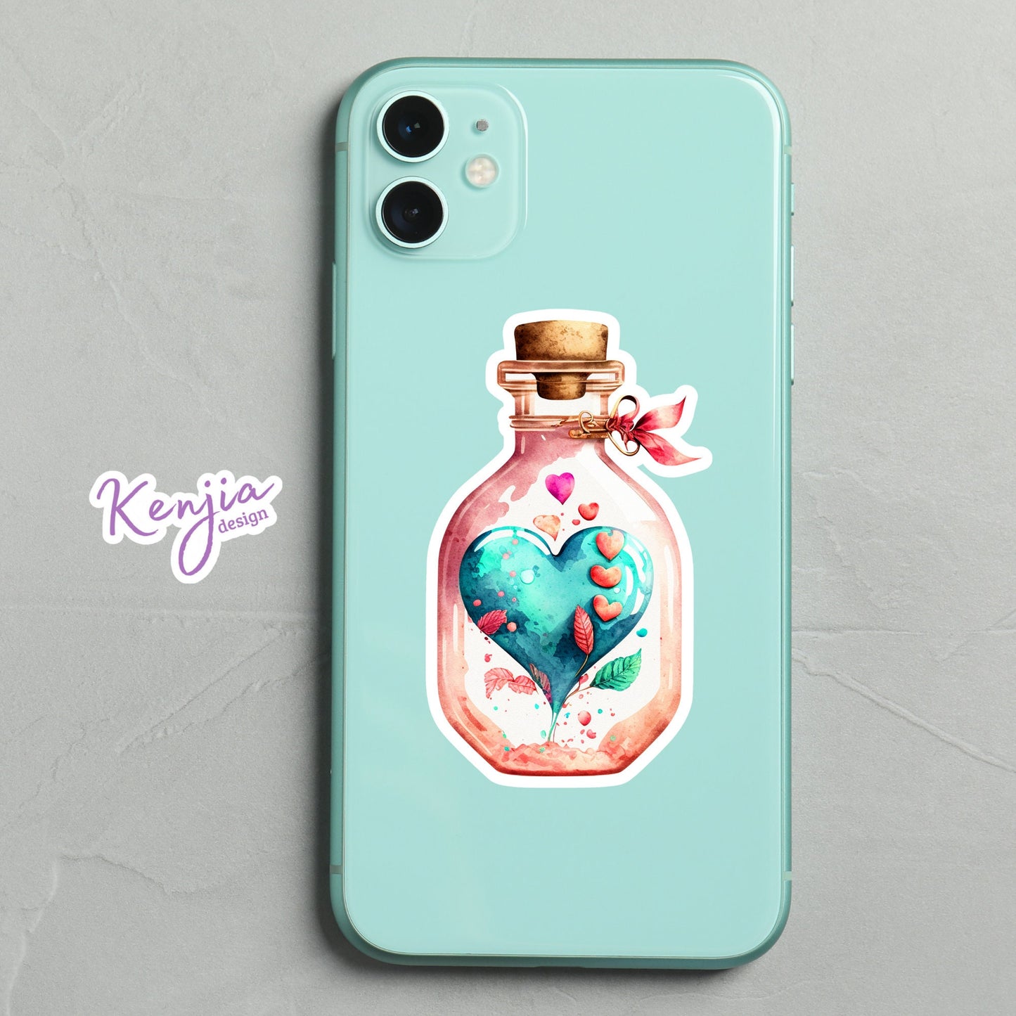Valentine Day Heart Bottle Sticker with watercolor effect, Handmade Waterproof and Dishwasher Safe Vinyl Sticker for gift, planner, laptop