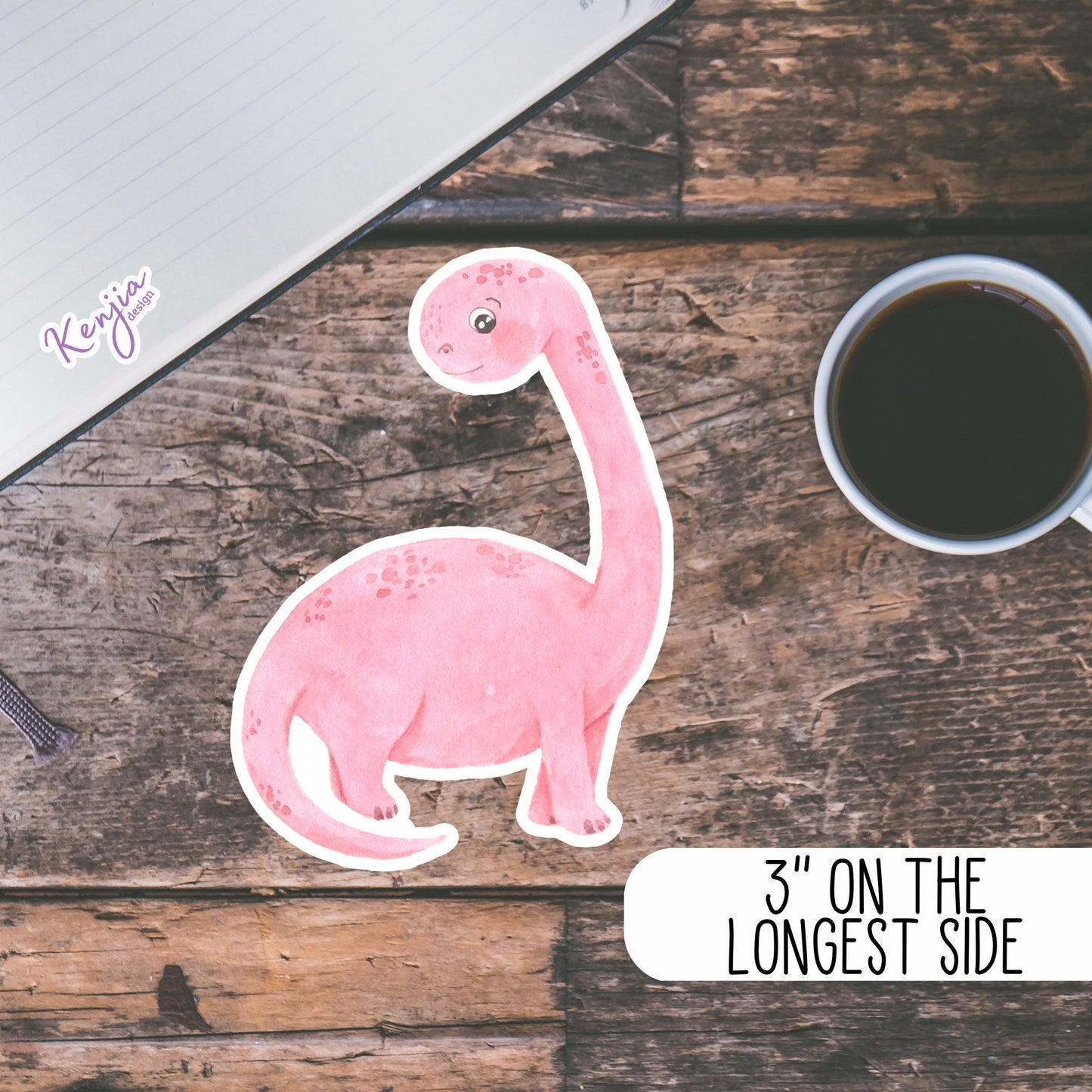 Cute Handmade Pink Dino Girl Sticker, watercolor effect, Waterproof and Dishwasher Safe Vinyl Sticker for gift, planner, book, laptop