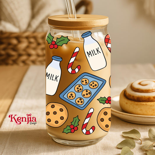 Christmas Cookies 16 OZ Glass Can With Lid & Straw / Santa Glass / Book Lover Gift / Water Bottle / UV Dtf Libbey Wrap Transfert