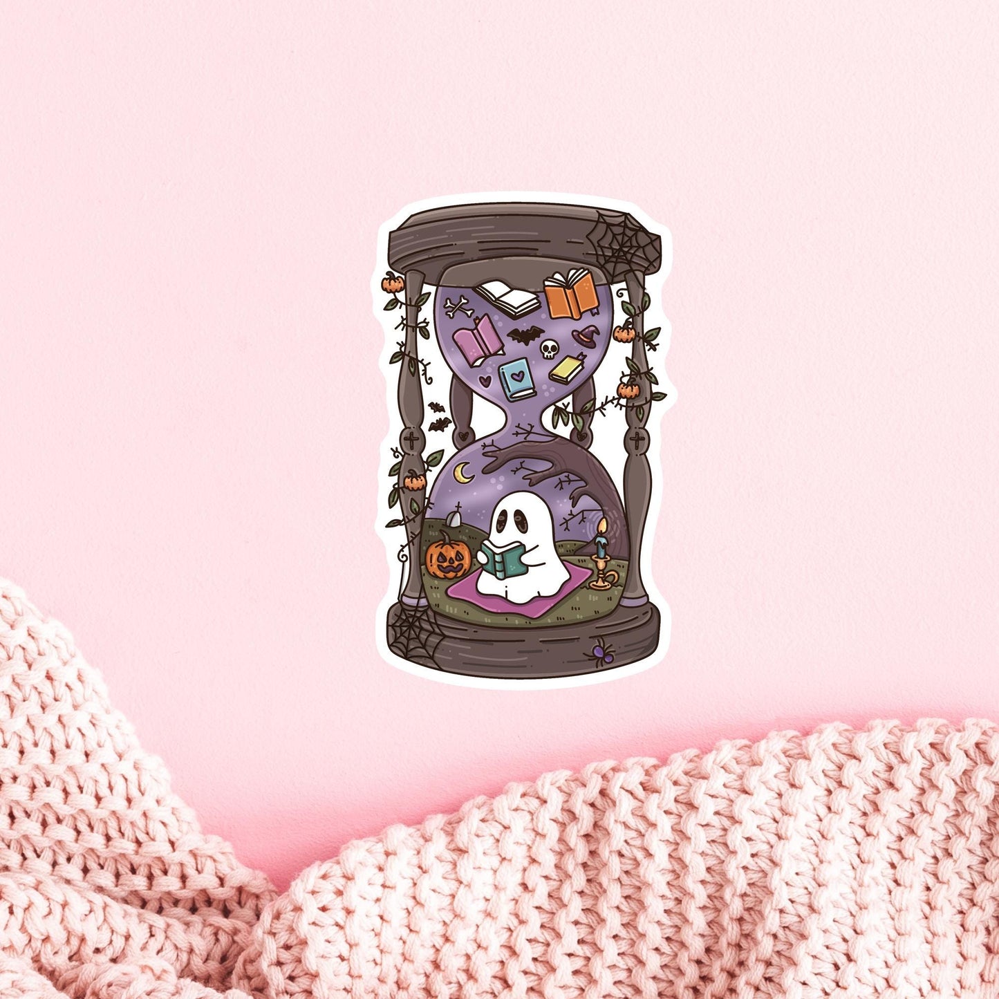 Halloween Hourglass Sticker / Spooky Time Decal / Gothic Witch Gift / October Vibes / Cute Bookish Present for Her / Dark Autumn Scene