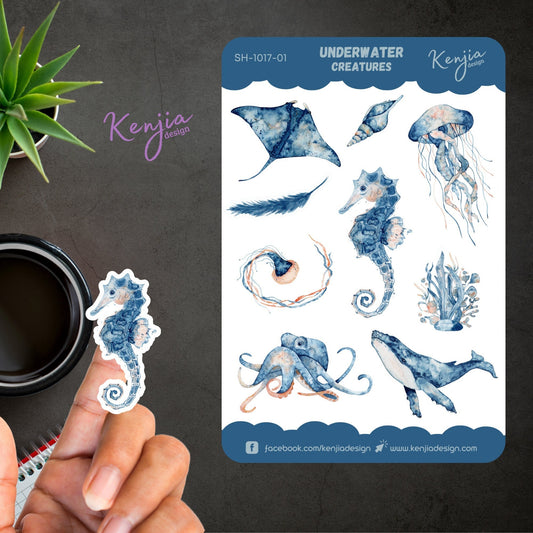 Underwater Creatures Sticker Sheet, Handmade cute Vinyl Sticker for gift, planner, book and laptop stickers (Jellyfish, Seahorse, octopus)
