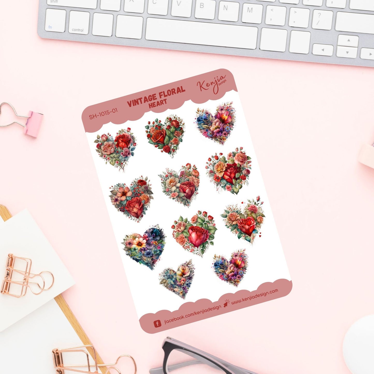 Beautiful Vintage Floral Heart Sticker Sheet, Handmade cute Vinyl Sticker for gift, planner, book and laptop stickers