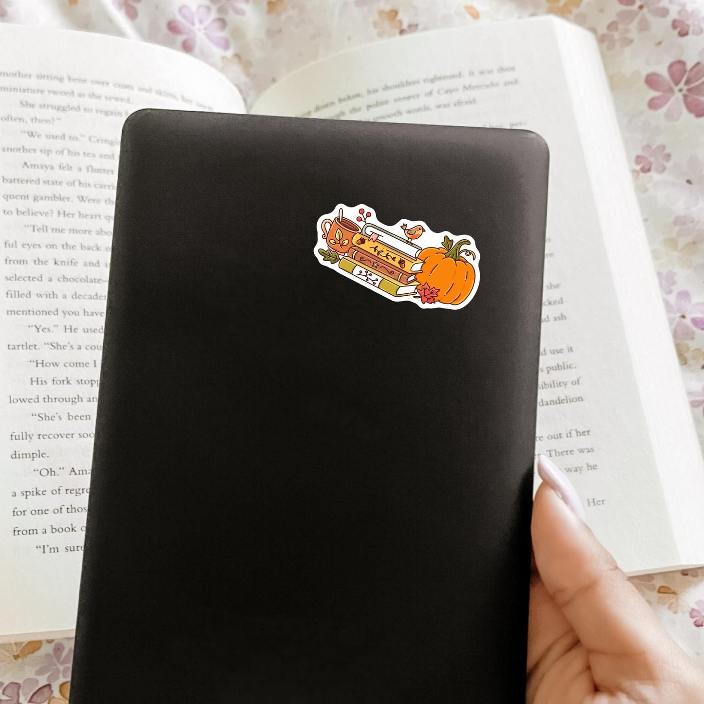Bookish Autumn vinyl sticker detail shot, fall reading season cute decal waterproof bibliophile gift for bookworms