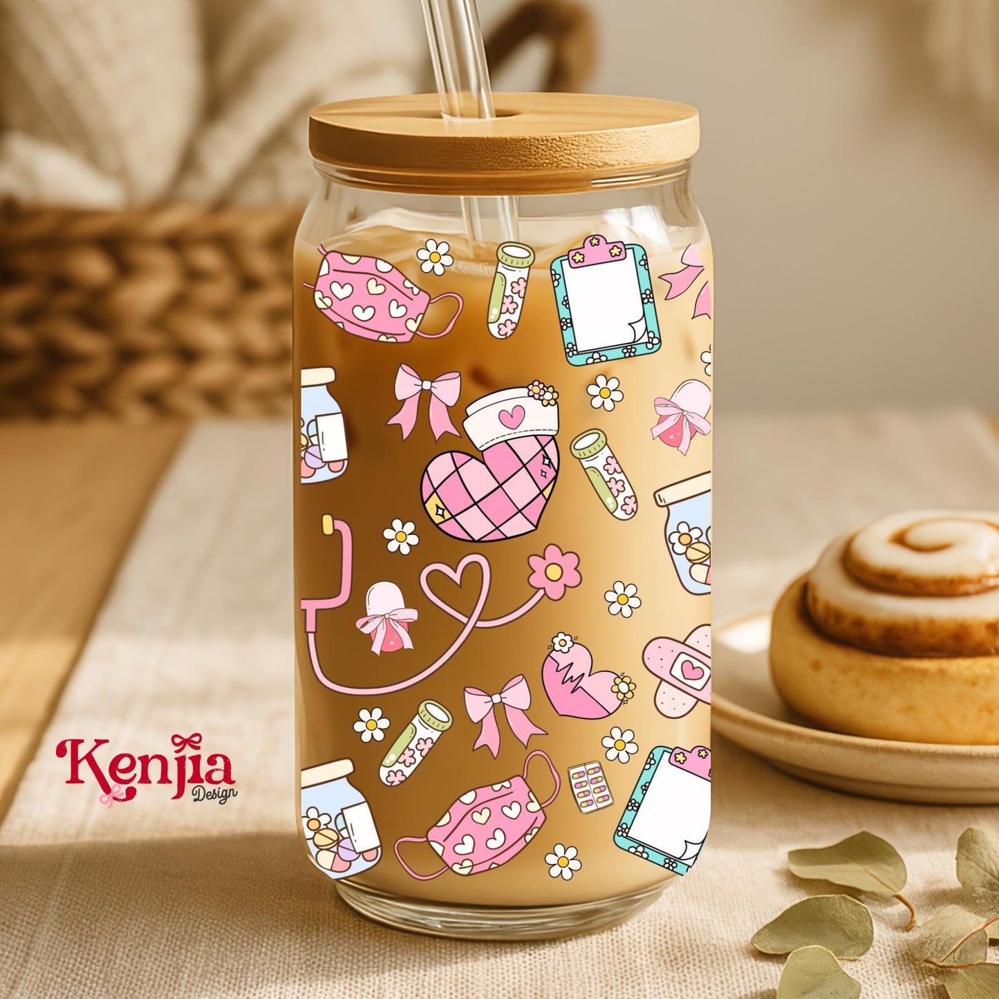 Coquette Nurse 16 OZ Glass Can With Lid & Straw / Coffee Lover Gift / Girly Nurse Tumbler / UV Dtf Libbey Wrap Transfert