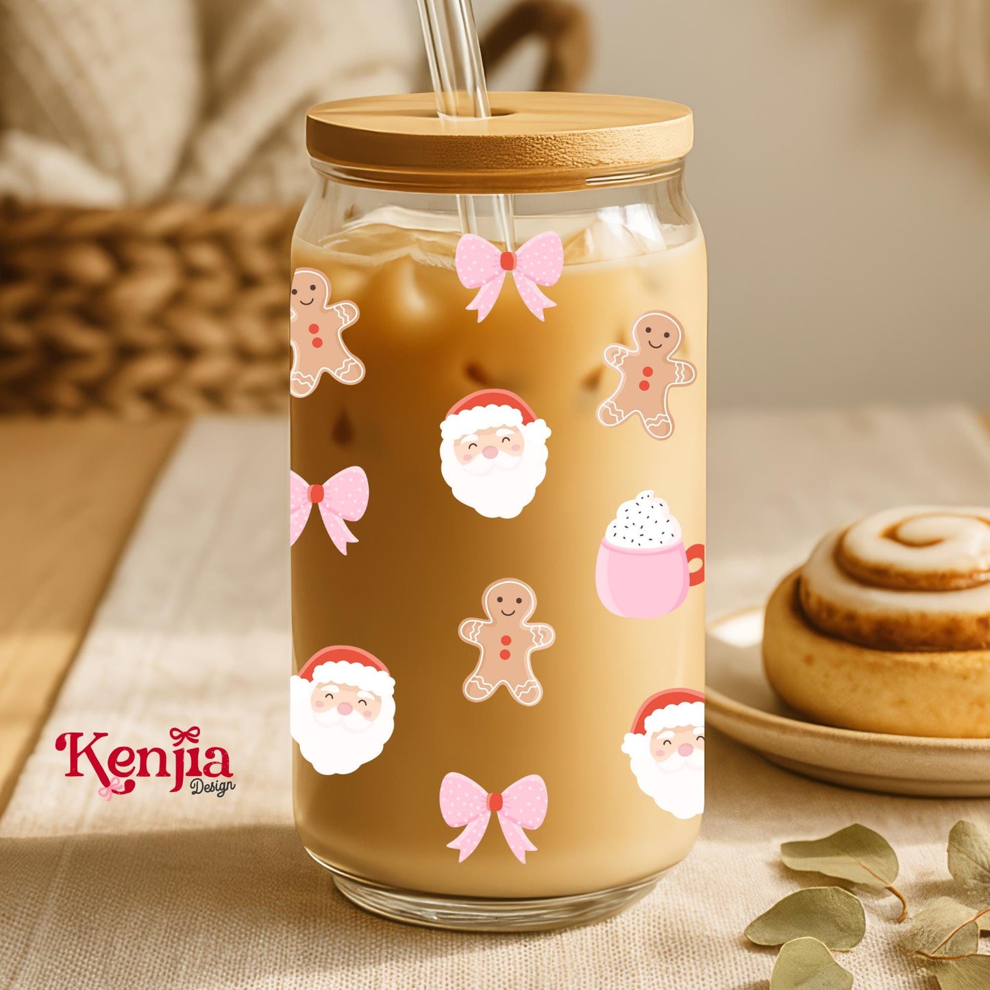 Coquette Santa 16 OZ Glass Can With Lid & Straw / Christmas Glass / Book Lover Gift / Water Bottle / UV Dtf Libbey Wrap Transfert