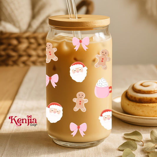 Coquette Santa 16 OZ Glass Can With Lid & Straw / Christmas Glass / Book Lover Gift / Water Bottle / UV Dtf Libbey Wrap Transfert
