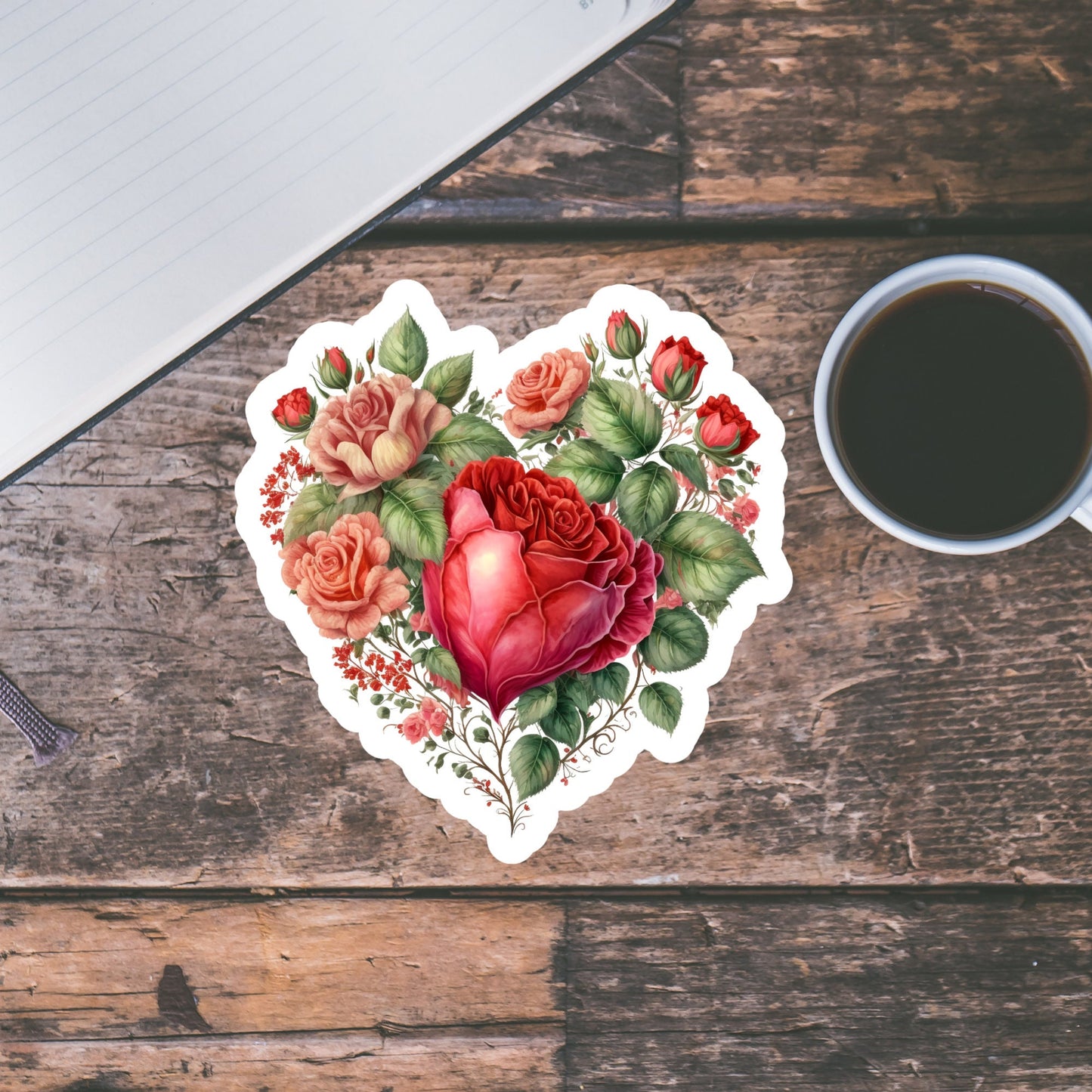 Beautiful Vintage Floral Heart, Waterproof Dishwasher Safe  Handmade cute Vinyl Sticker for gift, planner, book and laptop stickers