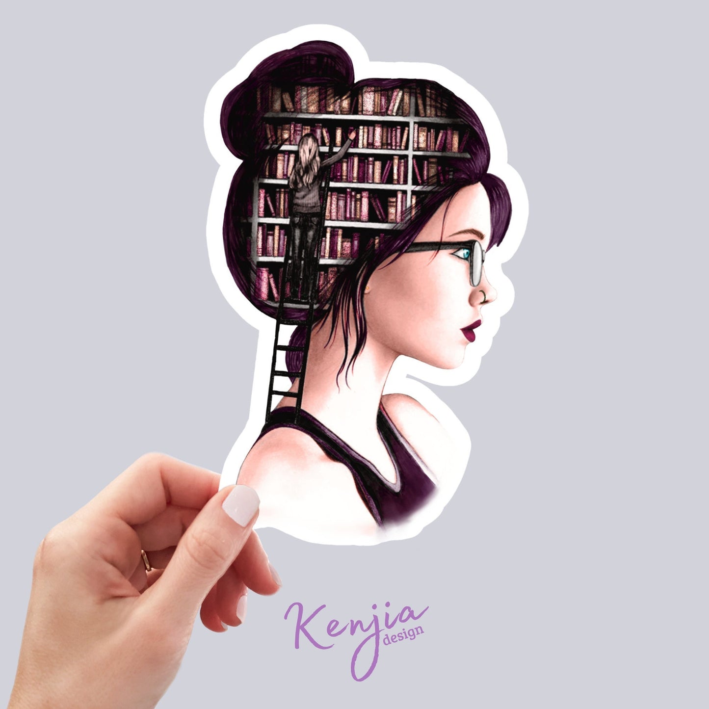 Goth Girl reading book with books in her head Sticker and Magnet, Waterproof Handmade Vinyl Stickers for gift, planner, laptop stickers