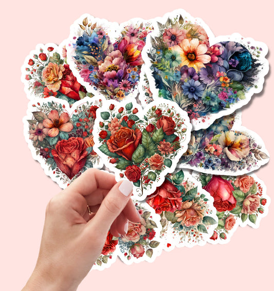 10 pcs Beautiful Vintage Floral Heart Sticker Pack, Handmade cute Vinyl Sticker gift, planner, book, laptop