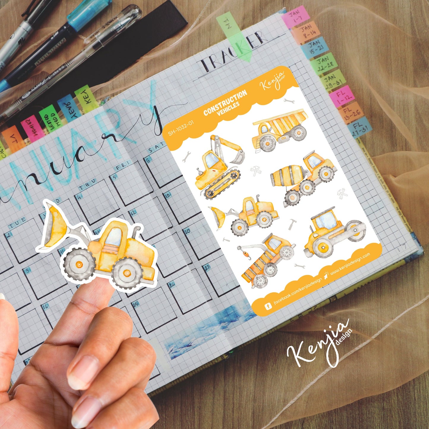 Construction Vehicles Sticker Sheet Truck, Handmade cute Vinyl Sticker for boy gift, planner, book and laptop stickers