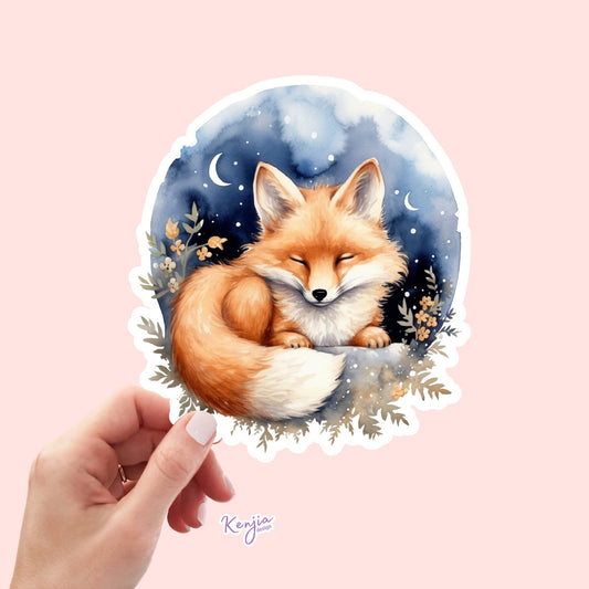 Cute handmade Fox Sticker and Magnet with Flowers and Moon, Watercolor Style, Waterproof Vinyl for gift, planner, book, laptop stickers