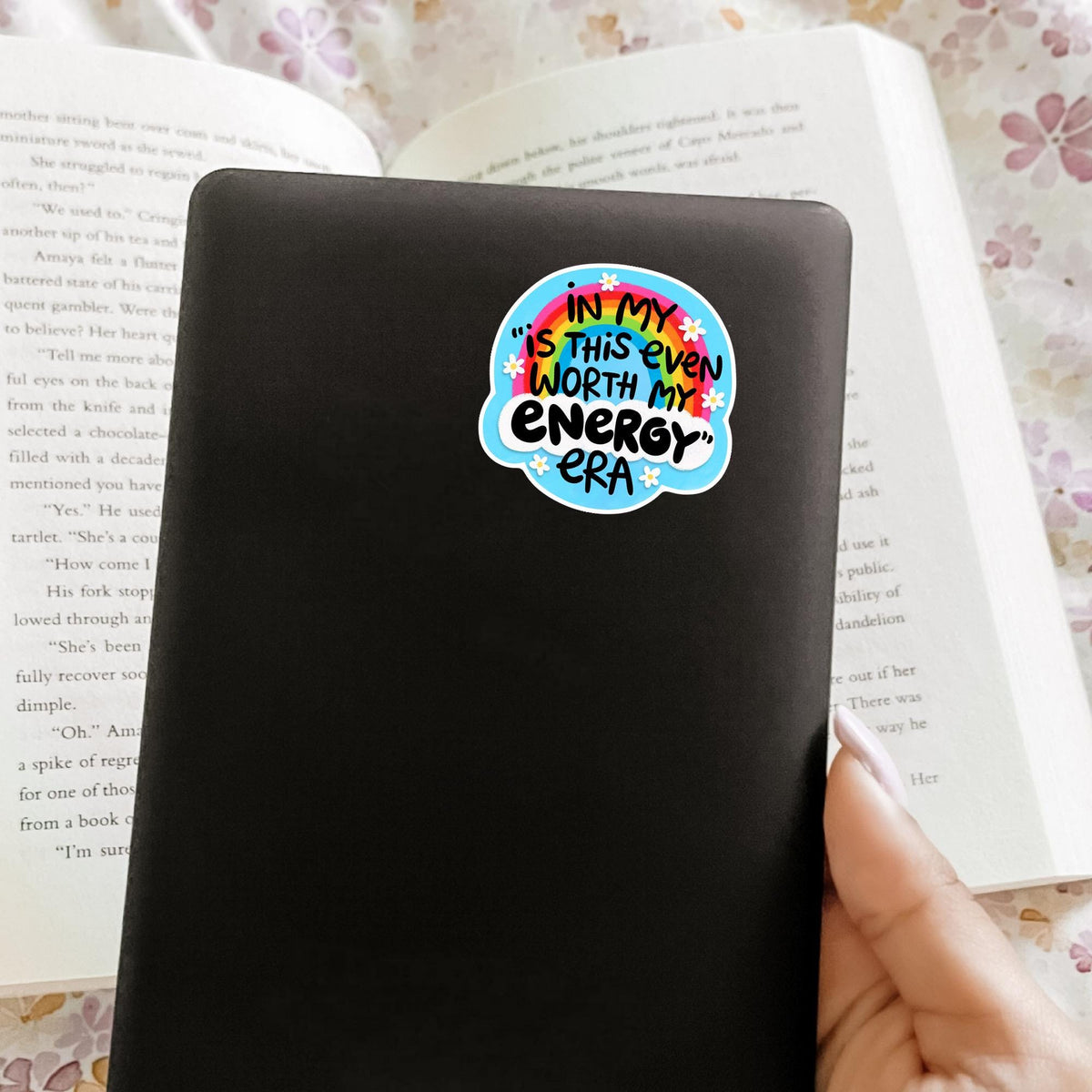 Energy Era sticker on a black notebook cover, matte vinyl sarcastic quote decal, relatable gift idea for journaling and desk decor