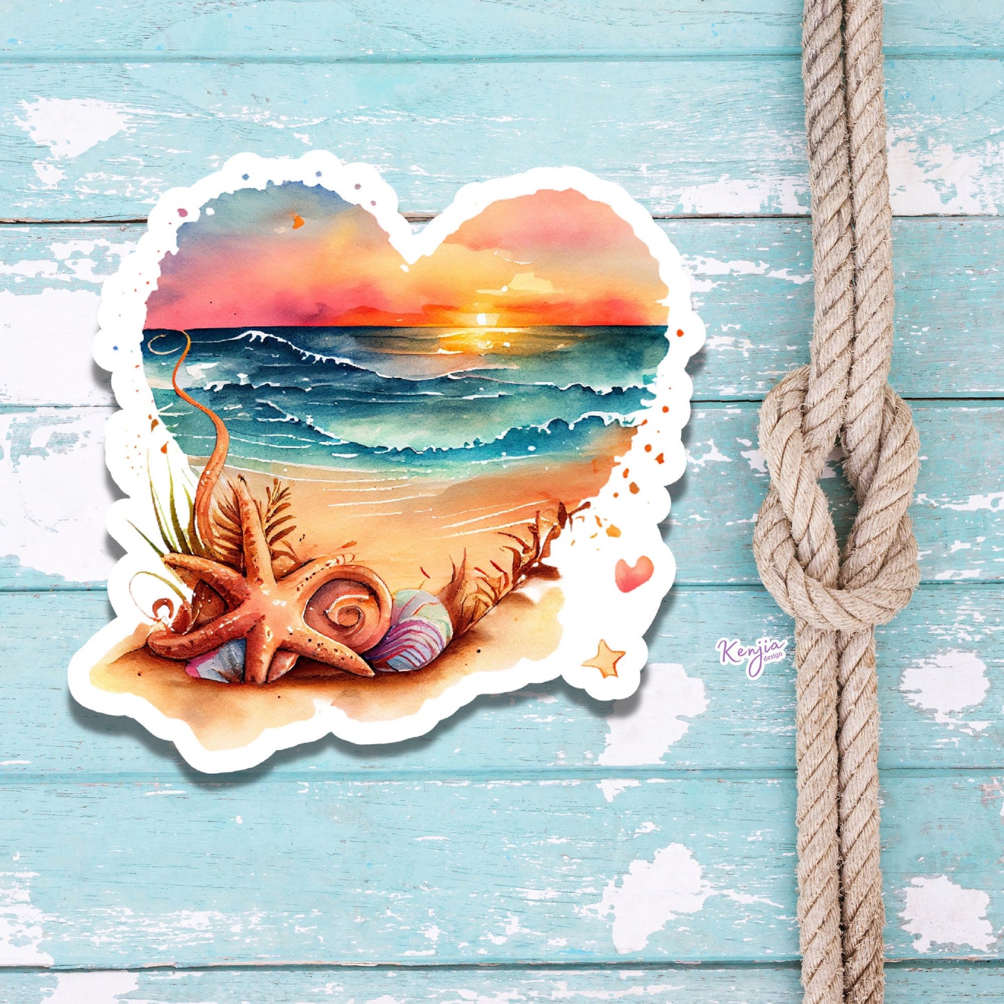 Sunset at the Beach in Heart with Watercolor Effect Sticker and Magnet, for gift, Waterproof Vinyl stickers for planner, book , laptop