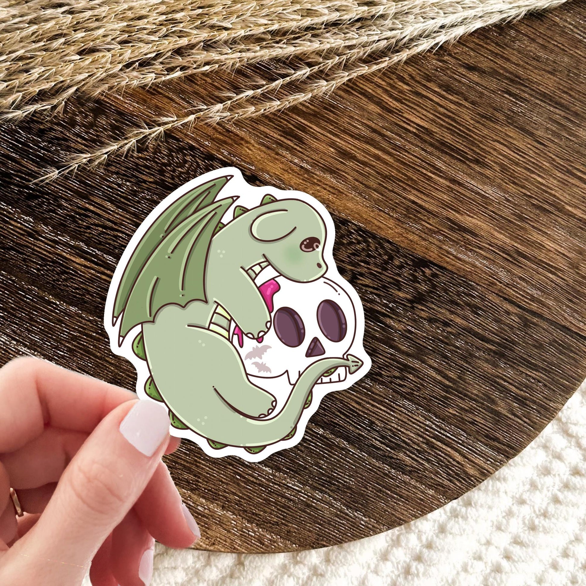 Halloween Green Dragon sticker mockup, cute spooky vinyl die-cut sticker for dragon lovers and book readers