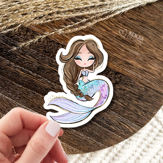 Cute Mermaid Stickers / Brown Hair / Waterproof Dishwasher Safe / Handmade Vinyl Sticker gift / For Planner, Kindle, Laptop
