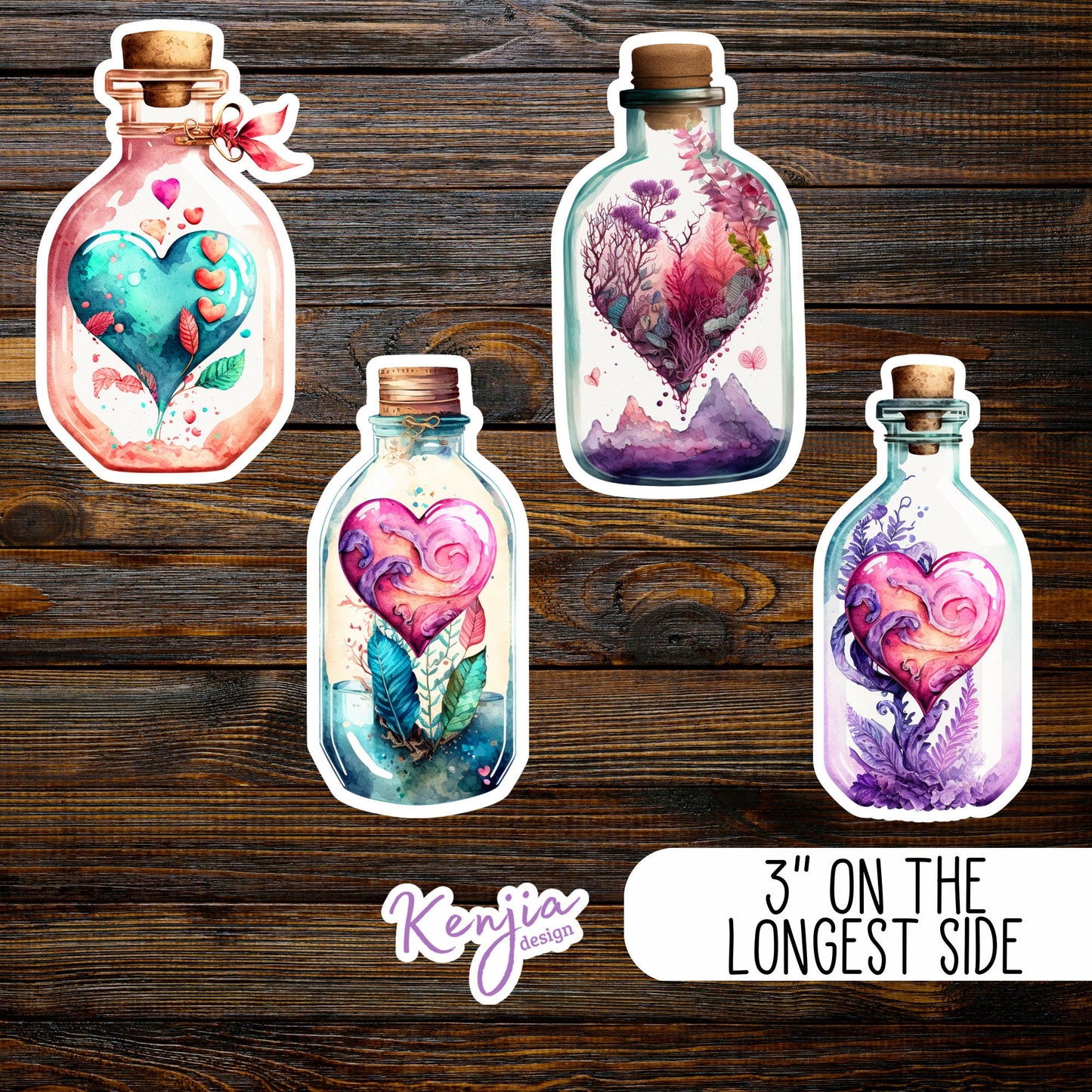 4 pcs Sticker Pack Valentine Day Heart Bottle , Waterproof and Dishwasher Safe Handmade cute Vinyl Sticker for gift, planner, book, laptop