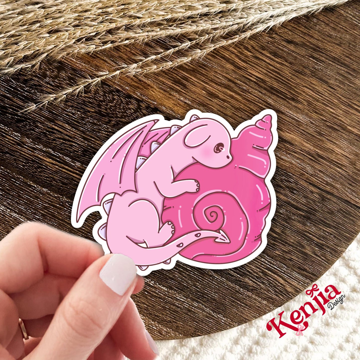 Cute Pink Dragon Sticker / Baby Dragon Lover Gift / Bookish sticker / Fantasy Readers / Summer Seashell / Beach Vibe / Coastal Sea Life
