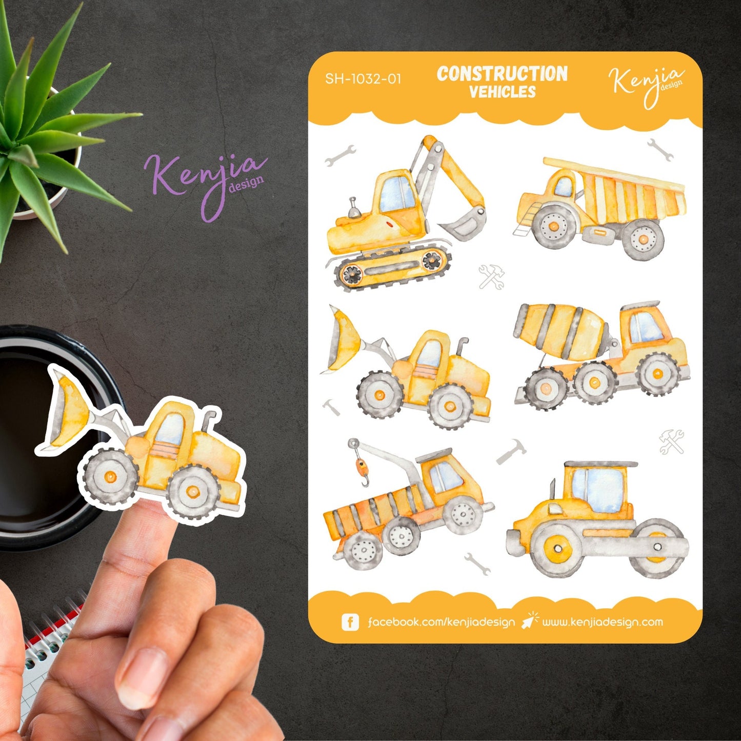 Construction Vehicles Sticker Sheet Truck, Handmade cute Vinyl Sticker for boy gift, planner, book and laptop stickers