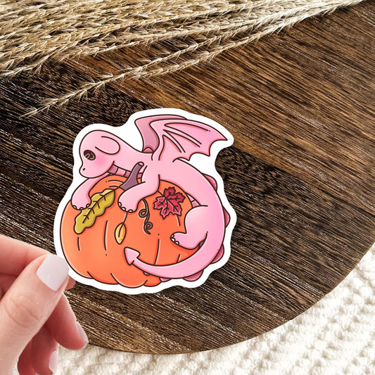 Autumn pink dragon book lover sticker lifestyle photo, cozy fall die-cut waterproof sticker for Kindle and planner decoration