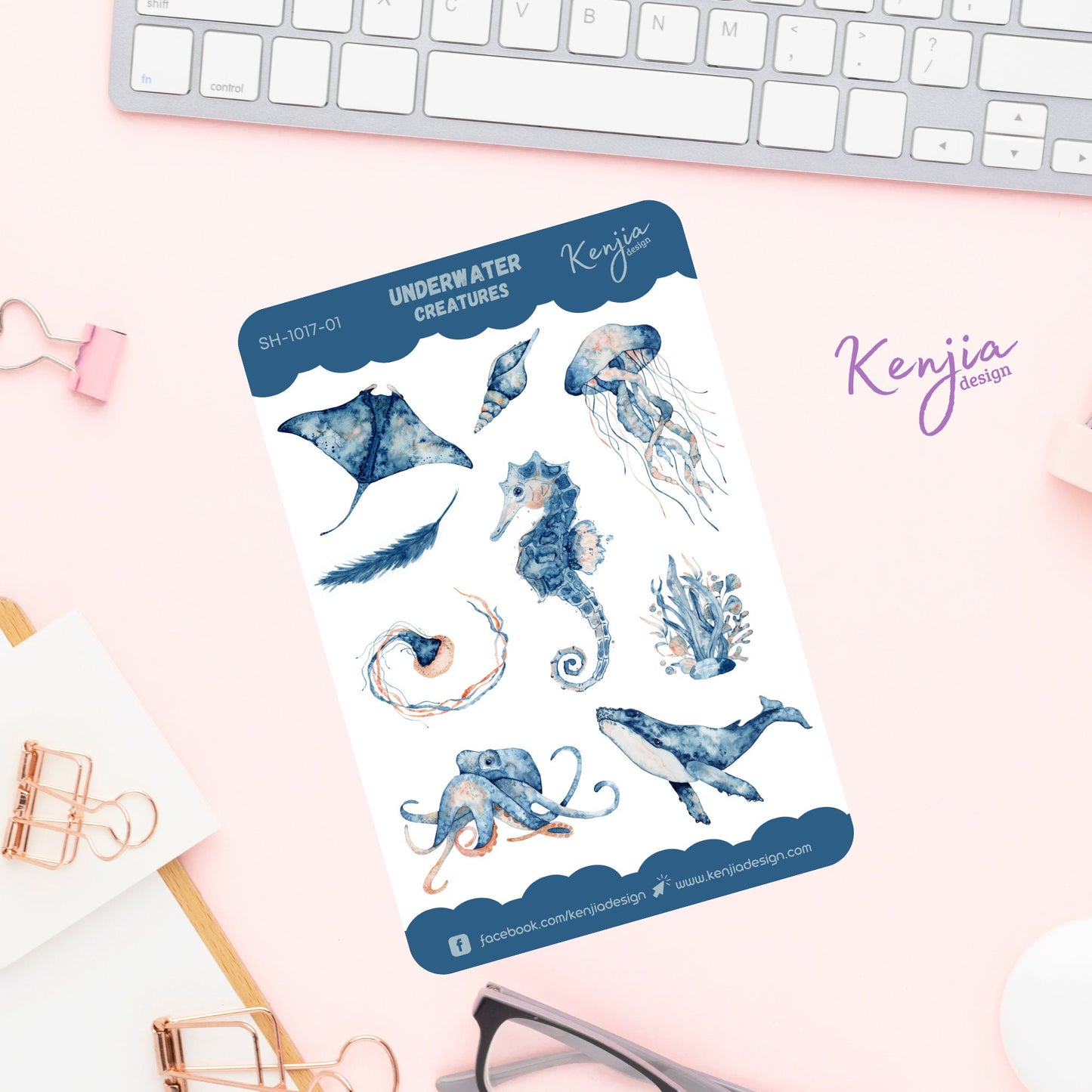 Underwater Creatures Sticker Sheet, Handmade cute Vinyl Sticker for gift, planner, book and laptop stickers (Jellyfish, Seahorse, octopus)
