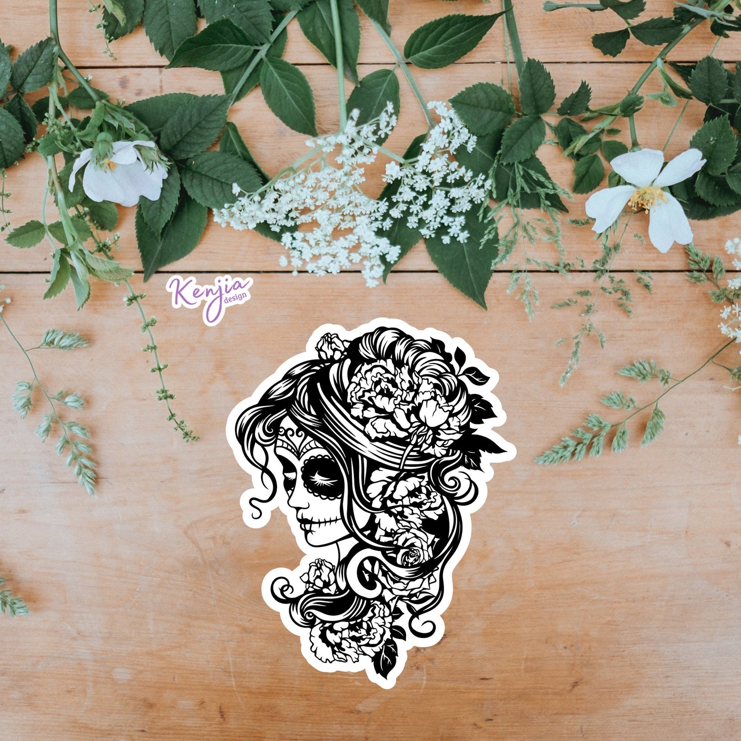 Steampunk Witch Goth Female Sugar Skull with flowers Sticker, Black and White Waterproof Dishwasher Safe Handmade Vinyl Sticker