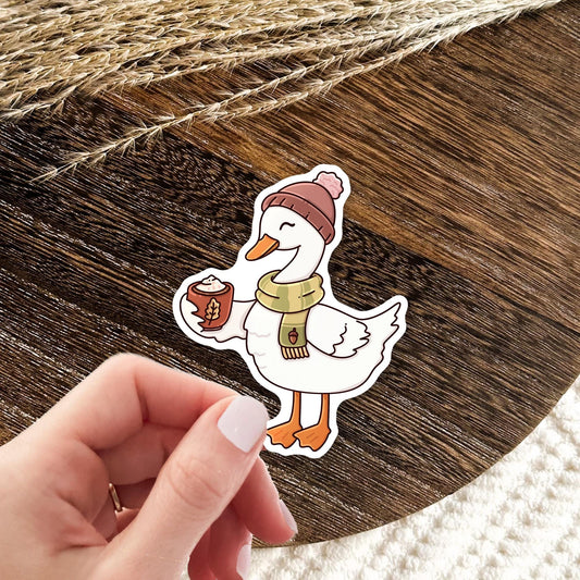 Cute Autumn Silly Goose die-cut sticker lifestyle photo, fall bookish aesthetic waterproof decal gift for book lovers