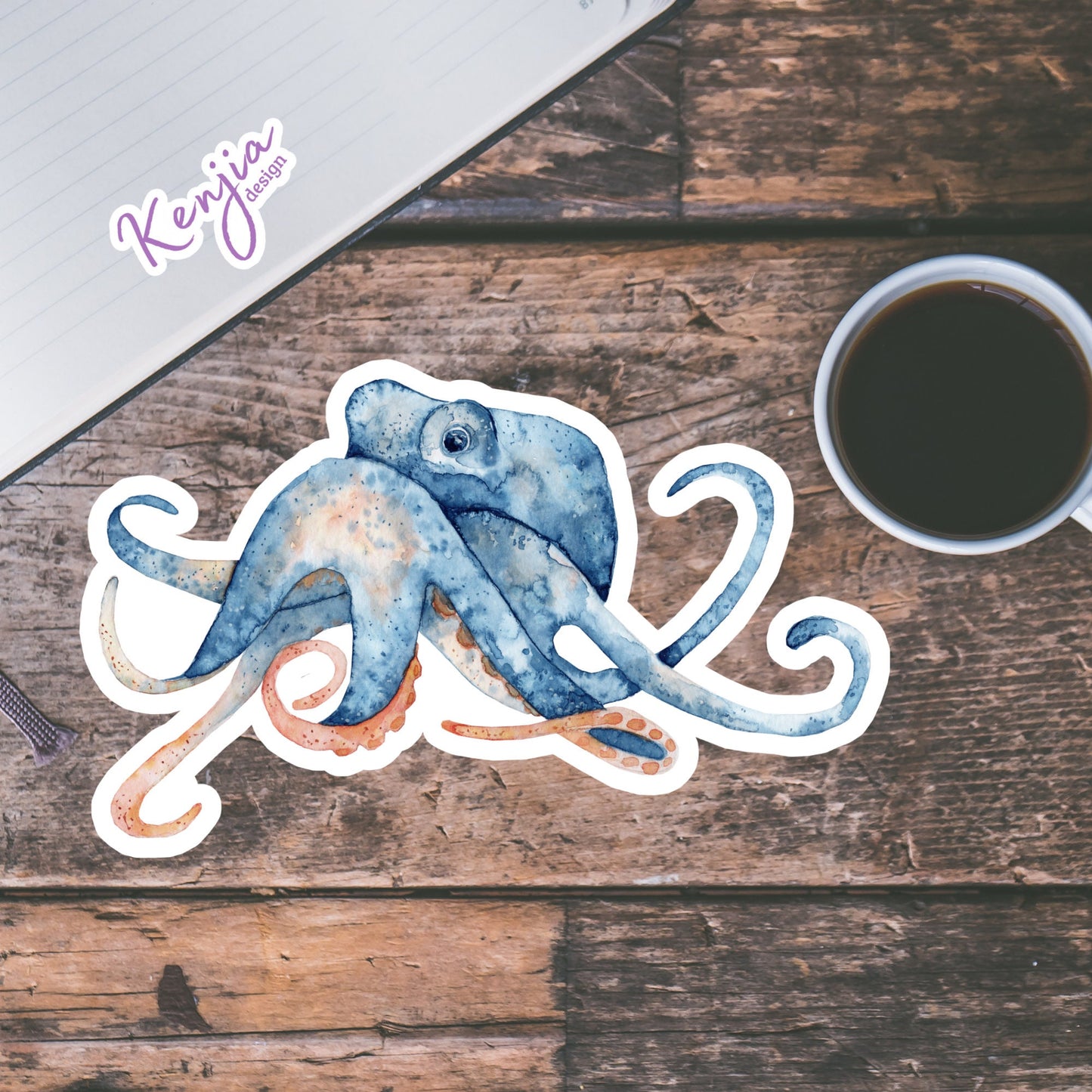 Cute handmade Octopus Sticker in Vinyl with watercolor effect, for gift, Waterproof and Dishwasher Safe for planner, book , laptop stickers