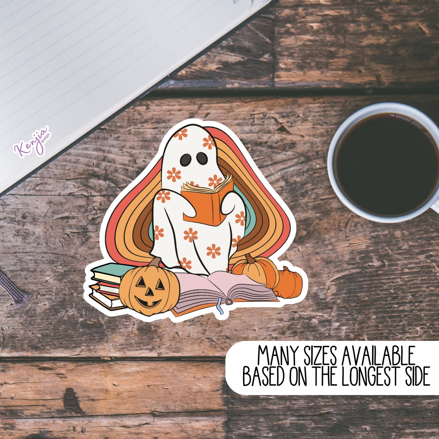 Ghost Reading Stickers Cute handmade Spooky Bookish Halloween Sticker and Magnet, Waterproof for Kindle, Planner, Book , Laptop stickers