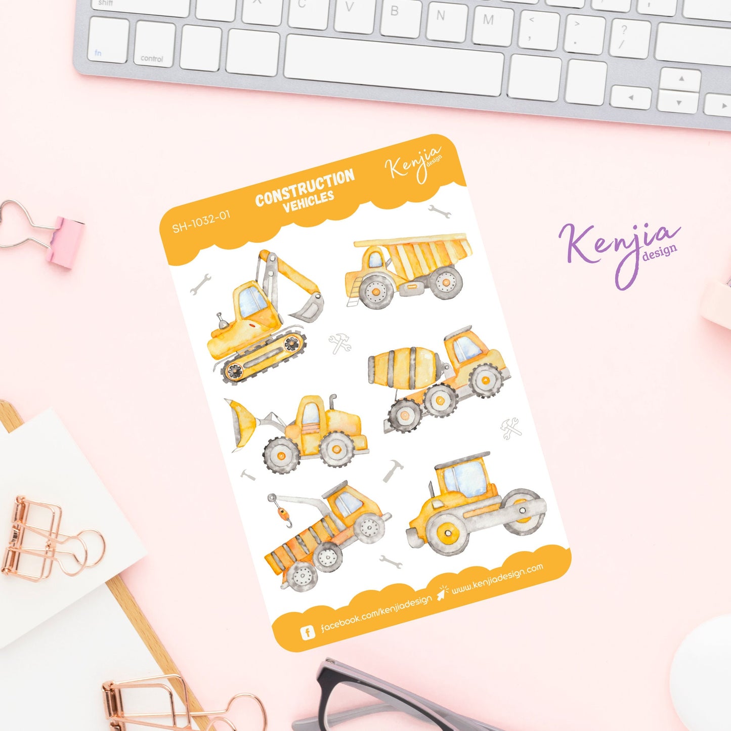 Construction Vehicles Sticker Sheet Truck, Handmade cute Vinyl Sticker for boy gift, planner, book and laptop stickers
