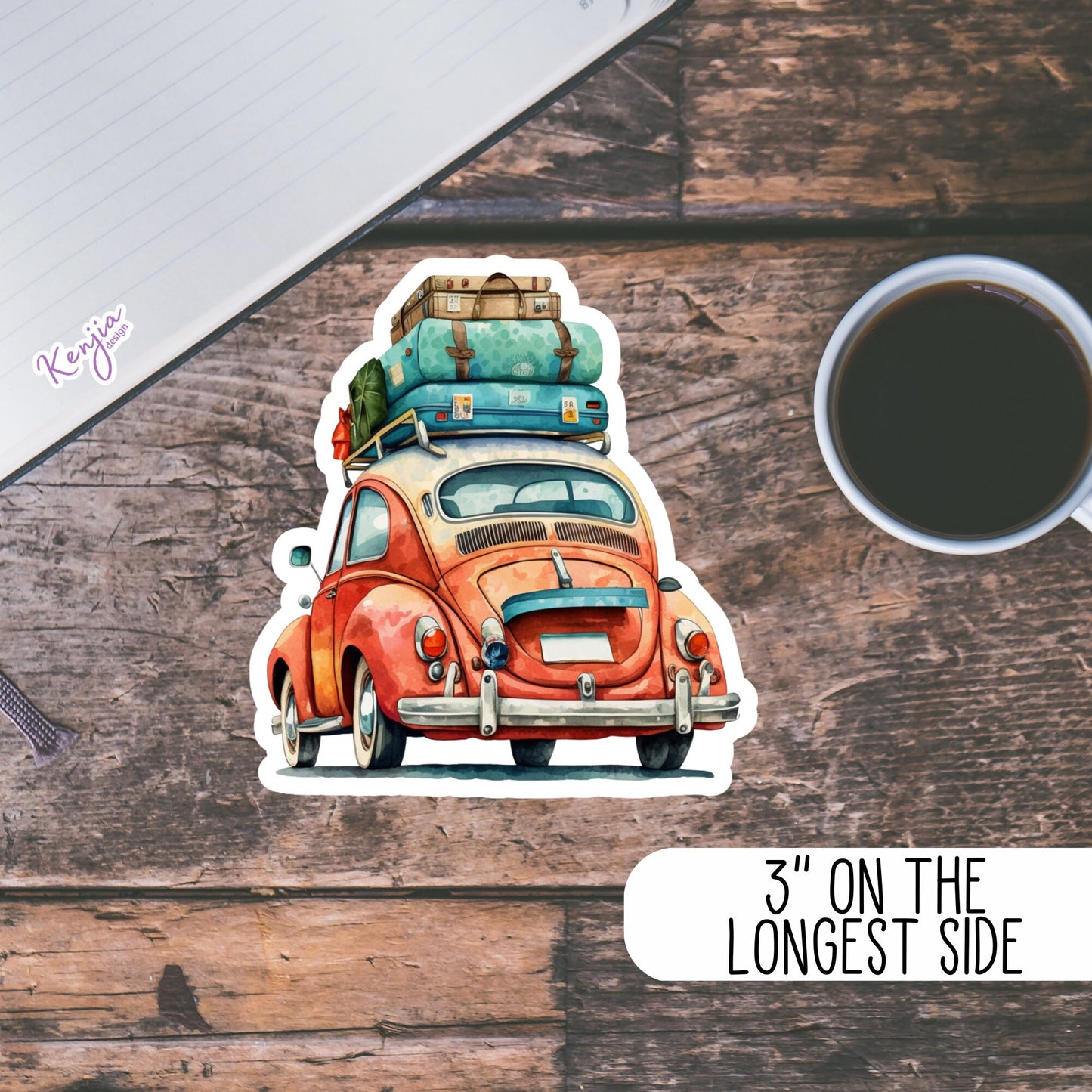 Cute handmade Traveling Car Sticker and Magnet with Watercolor Effect in Vinyl, Waterproof Stickers for planner, book , laptop stickers