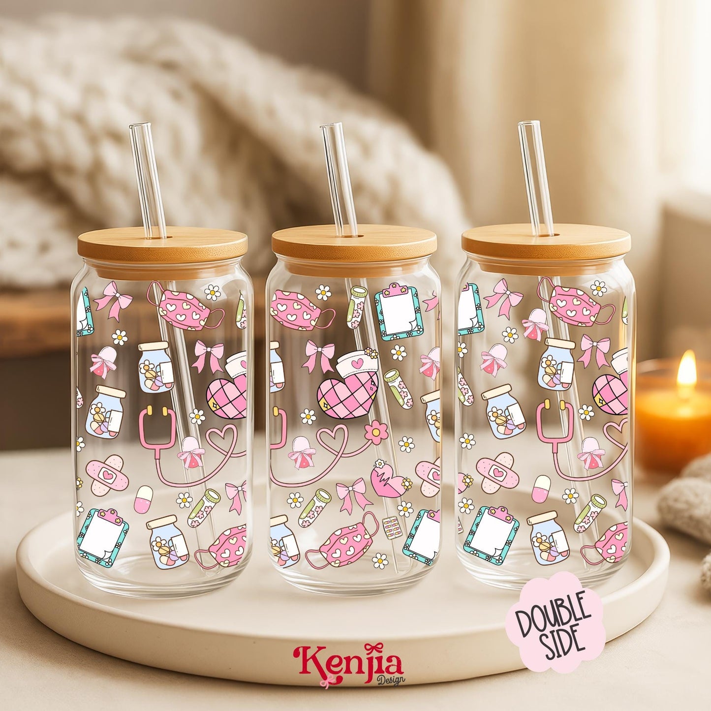Coquette Nurse 16 OZ Glass Can With Lid & Straw / Coffee Lover Gift / Girly Nurse Tumbler / UV Dtf Libbey Wrap Transfert