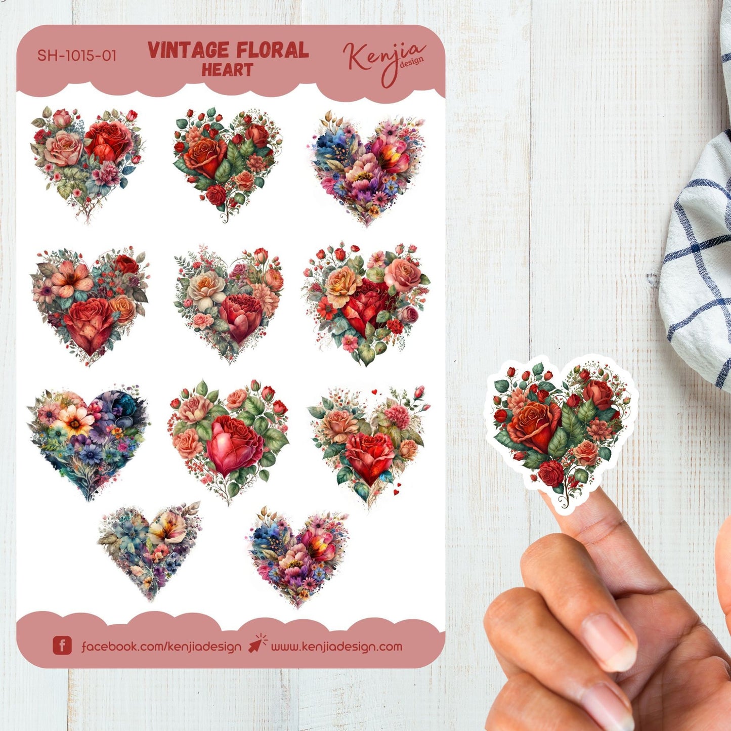Beautiful Vintage Floral Heart Sticker Sheet, Handmade cute Vinyl Sticker for gift, planner, book and laptop stickers