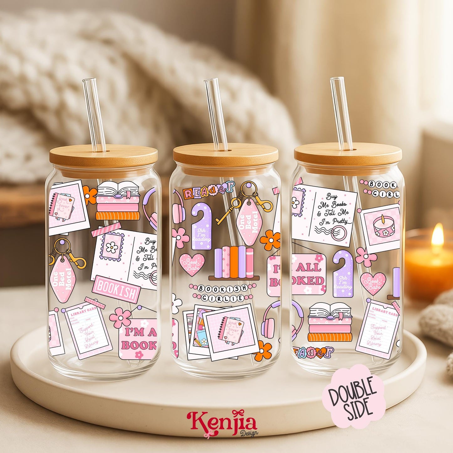 Bookish Girlie 16 OZ Glass Can With Lid & Straw /Book Moodboard Booktok / Book Lover Gift / Water Bottle / UV Dtf Libbey Wrap Transfert