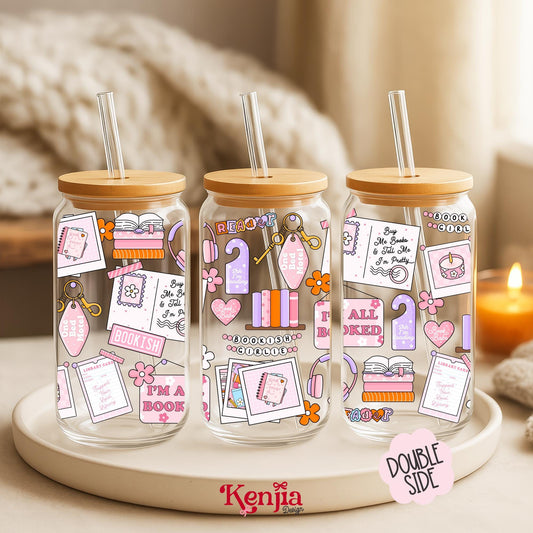Bookish Girlie 16 OZ Glass Can With Lid & Straw /Book Moodboard Booktok / Book Lover Gift / Water Bottle / UV Dtf Libbey Wrap Transfert