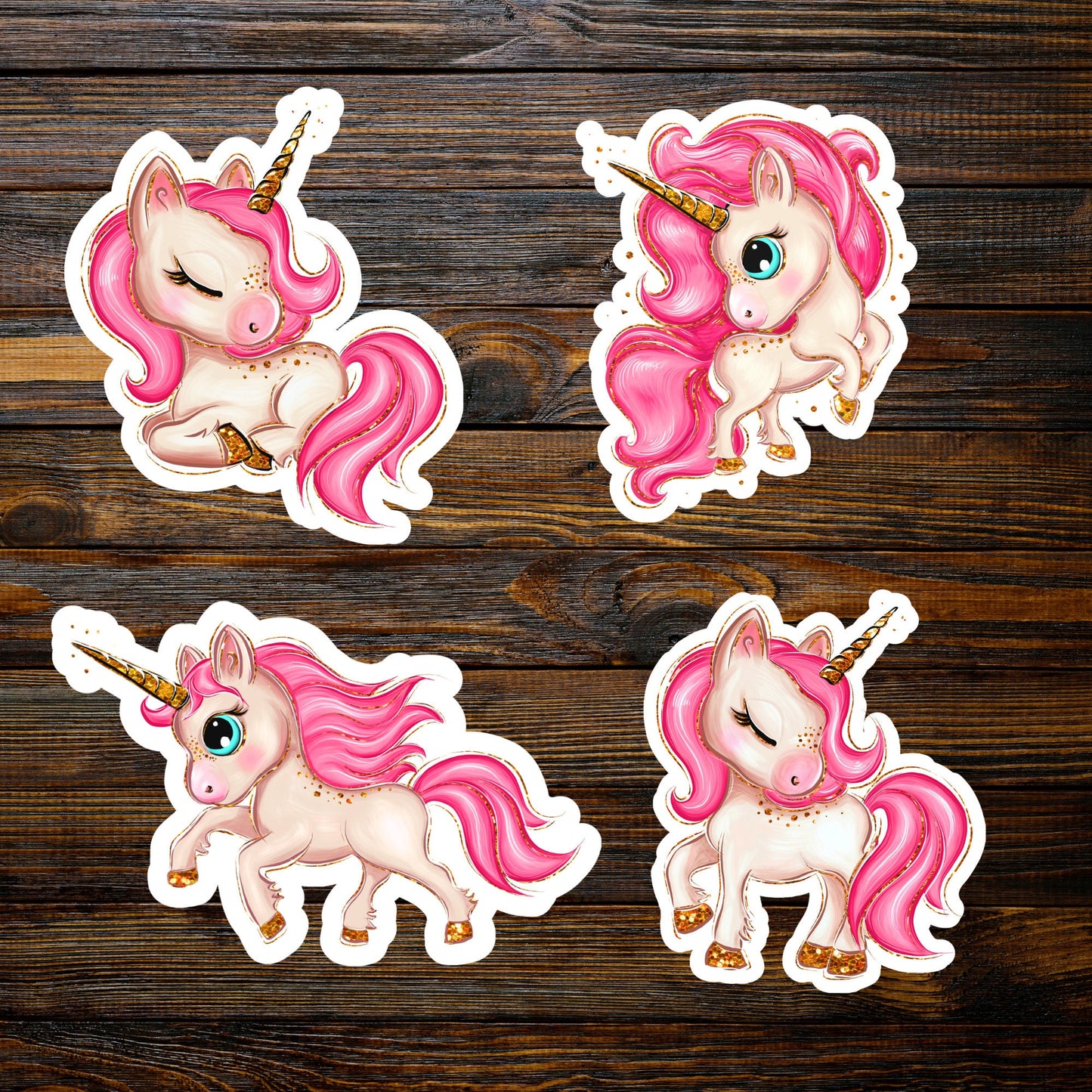 4 pcs Sticker Pack Pink Unicorn Cute Sticker, Waterproof and Dishwasher Safe  Handmade cute Vinyl Sticker for gift, planner, book and laptop