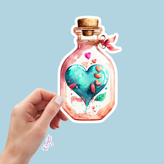 Valentine Day Heart Bottle Sticker with watercolor effect, Handmade Waterproof and Dishwasher Safe Vinyl Sticker for gift, planner, laptop