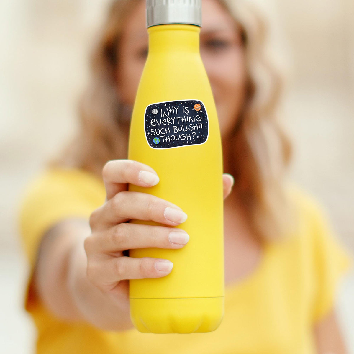 Why Is Everything Like This sticker on a yellow water bottle, durable waterproof vinyl decal for tumblers and space lover gifts