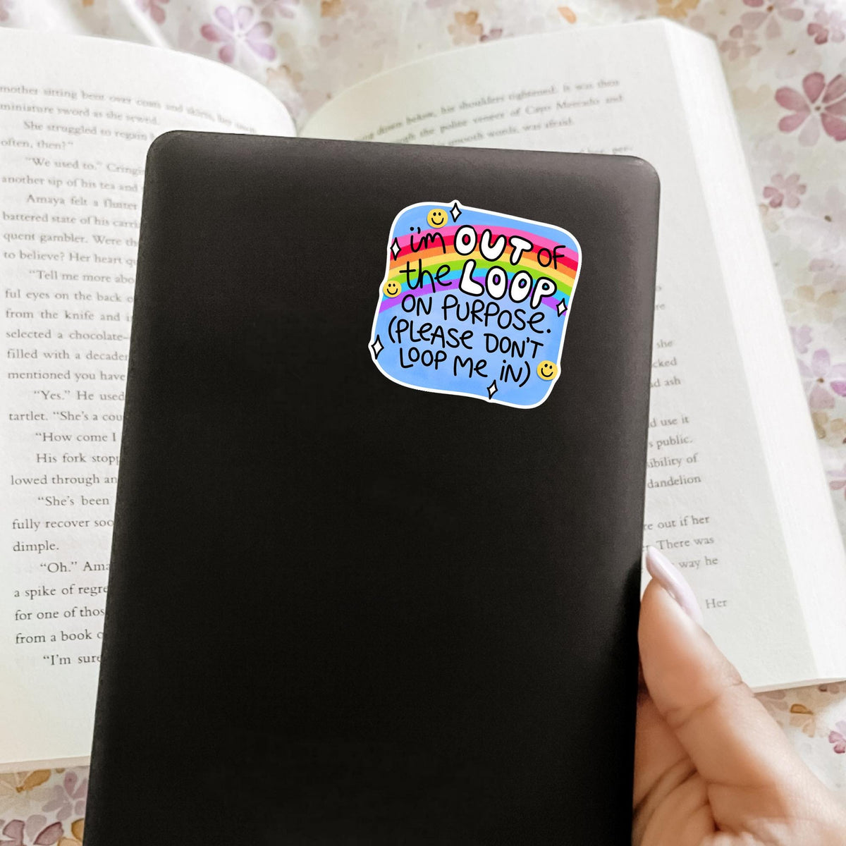 Sarcastic rainbow quote sticker on a black notebook cover, waterproof vinyl decal, coworker gag gift and office desk decor