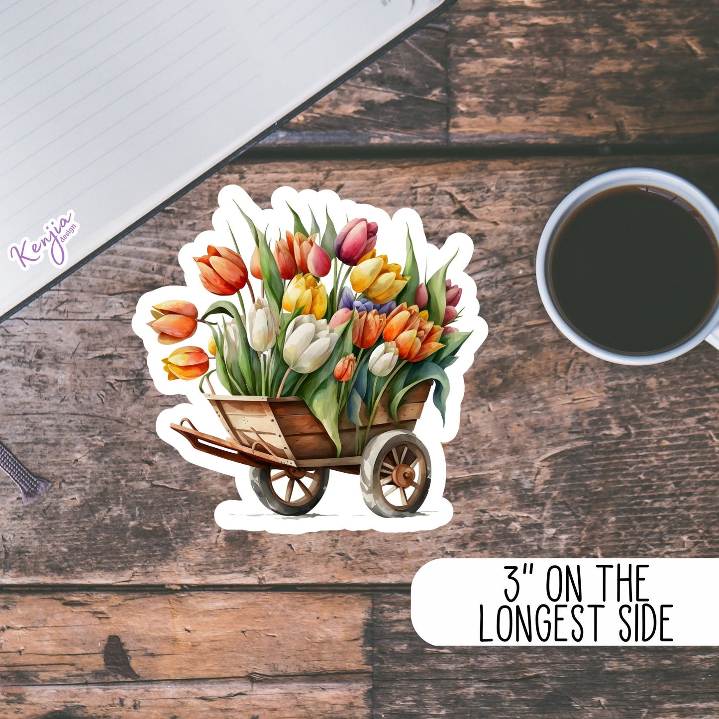 Watercolor Spring Floral Wheelbarrow Sticker, Waterproof and Dishwasher Safe Handmade cute Vinyl Stickers for gift, planner, book, laptop