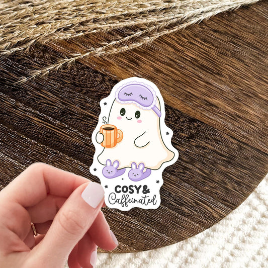 Cosy Caffeinated Ghost Sticker / Halloween Decal / Coffee Lover Gift for Her / Cute Spooky Vibes / Cottagecore Present / Fall Aesthetic