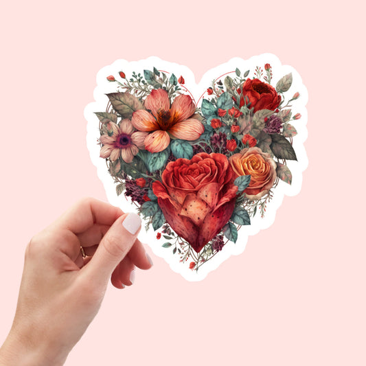 Beautiful Vintage Floral Heart, Waterproof and Dishwasher Safe Handmade cute Vinyl Sticker for gift, planner, book and laptop stickers