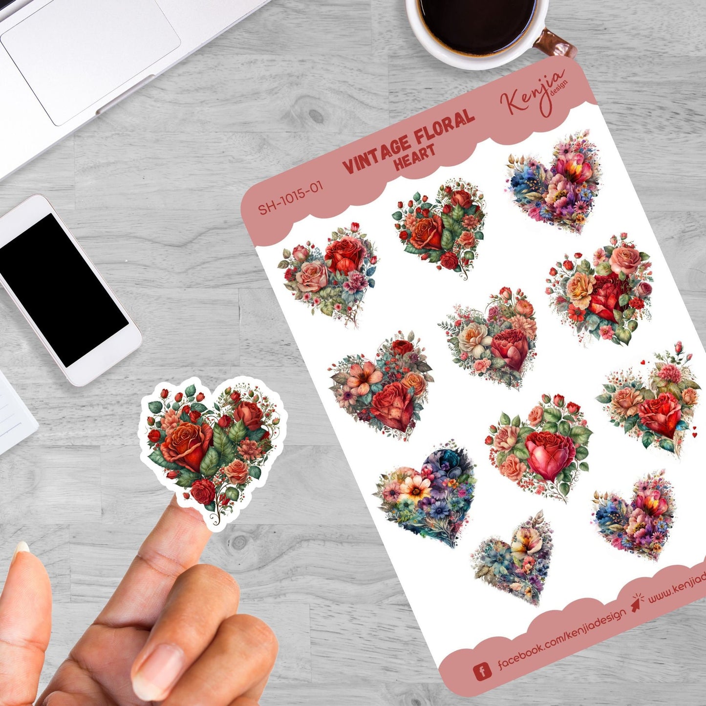 Beautiful Vintage Floral Heart Sticker Sheet, Handmade cute Vinyl Sticker for gift, planner, book and laptop stickers