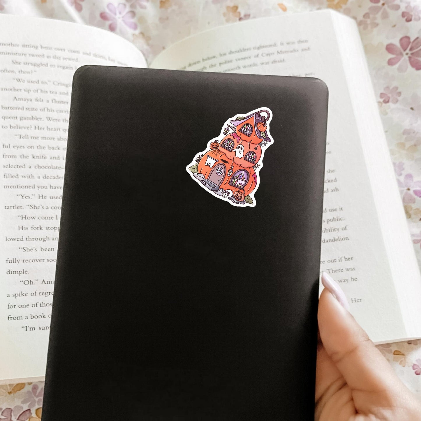Pumpkin Bookstore sticker on water bottle - autumn bookish decal